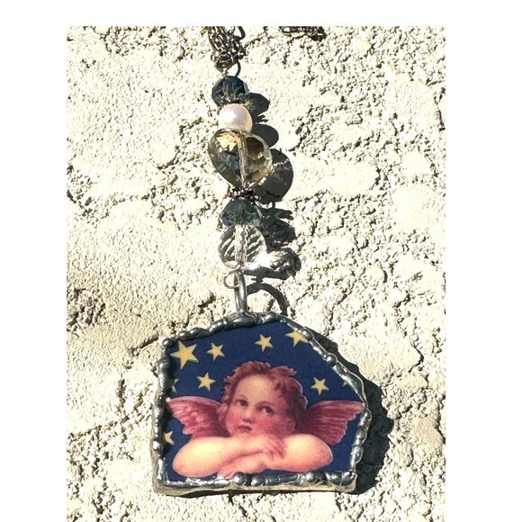 Cherub Broken China Pendant Caged in Silver Blend Metalwork with Crystal Beads - Picture 12 of 15